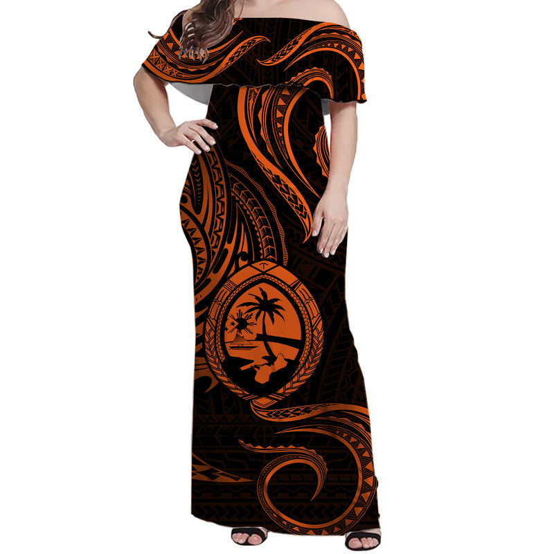 Polynesian Pride Guam With Polynesian Tribal Tattoo and Coat of Arms Off Shoulder Long Dress Orange Version