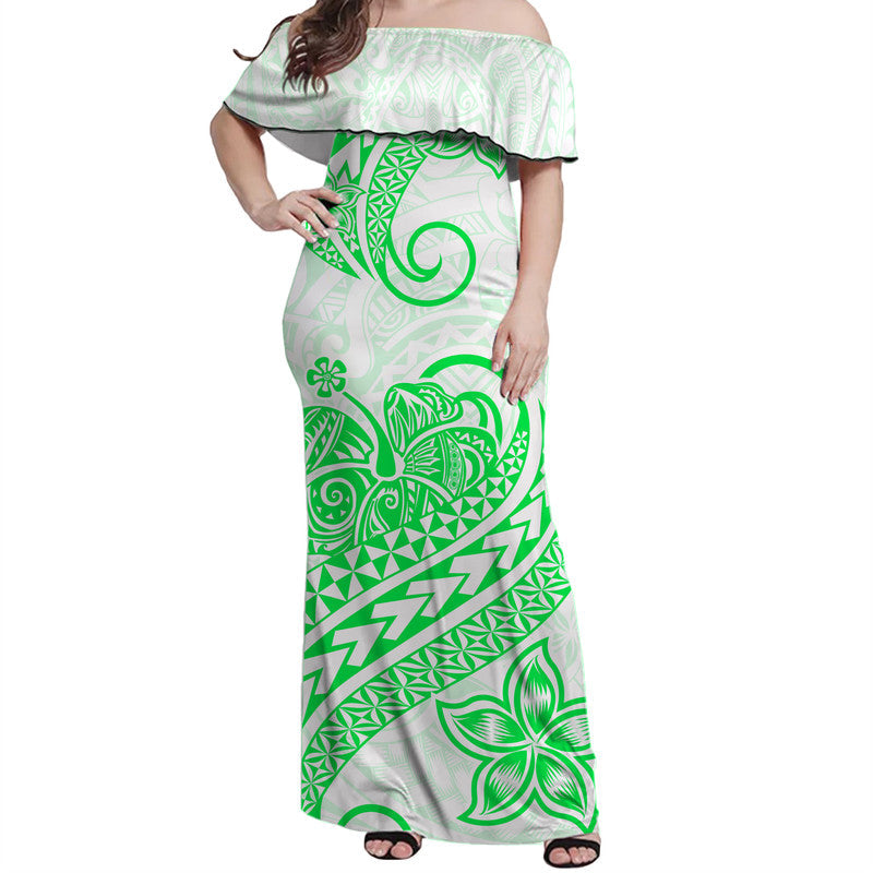 Polynesian Tribal Tattoo Retro Off Shoulder Long Dress Green Screen Color