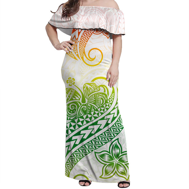 Polynesian Tribal Tattoo Retro Off Shoulder Long Dress Gradient 02 Screen Color
