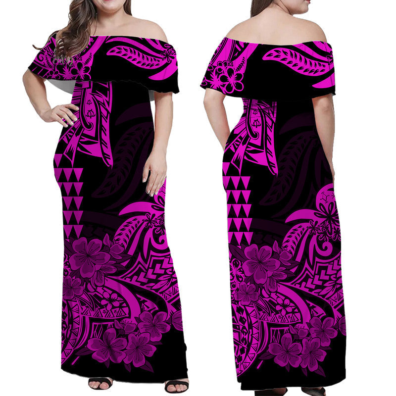 Hawaii Kakau Off Shoulder Long Dress Polynesian Floral Tribal Purple Version