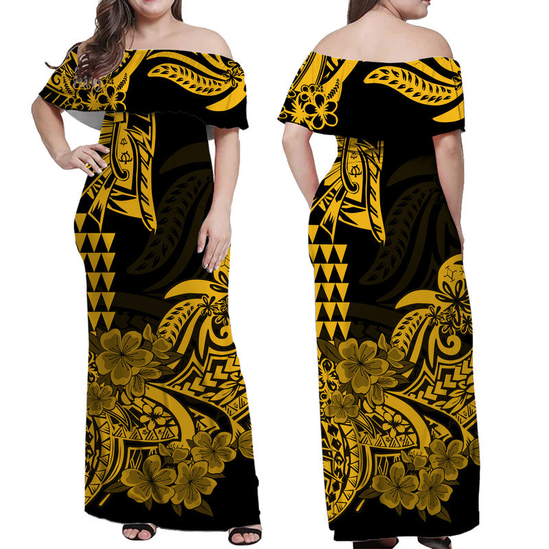 Hawaii Kakau Off Shoulder Long Dress Polynesian Floral Tribal Gold Version