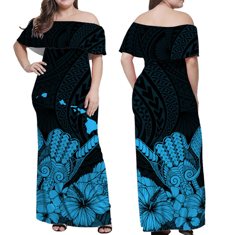 Hawaii Shaka Sign Off Shoulder Long Dress Blue Version