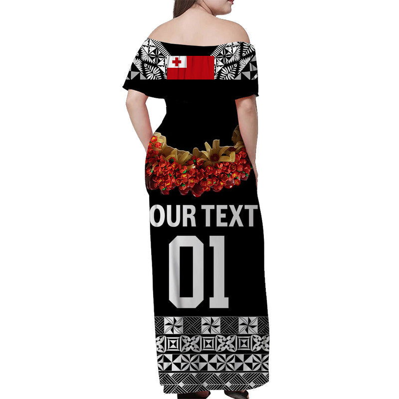 Custom Personalised Tonga Emancipation Day Off Shoulder Long Dress Independence Day Fancy Kahoa Heilala Flower Black