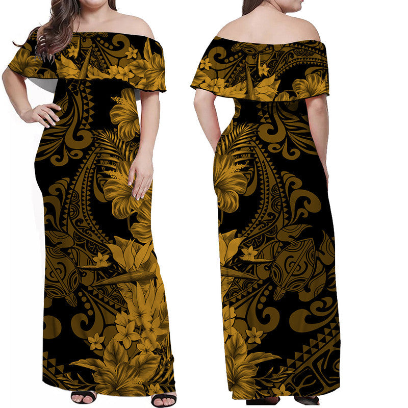 Hawaiian Matching Outfits For Couples Hawaii Flowers Mix Tribal Pattern Combo Dress And Shirt Gold