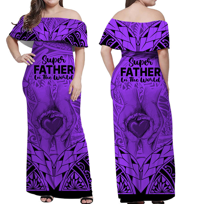 Matching Couple Outfit Polynesian Father's Day Gift For Dad Combo Off Long Dress and Hawaiian Shirt Super Father In The World Purple Polynesian