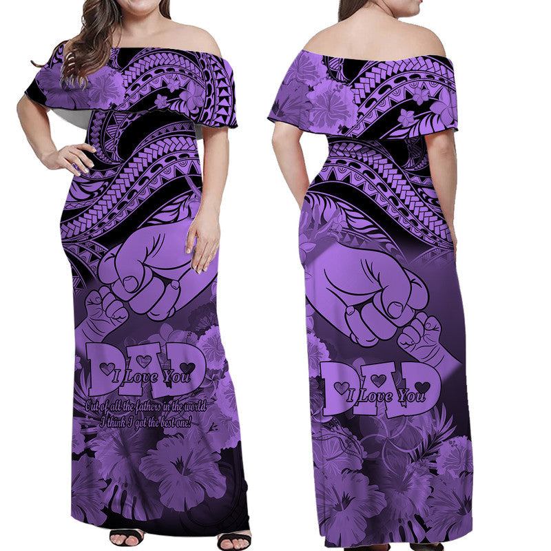 Matching Couple Outfit Polyneisian Pride Happy Father Day Combo Off Long Dress and Hawaiian Shirt I Love You Dad Polynesian Tribal Purple