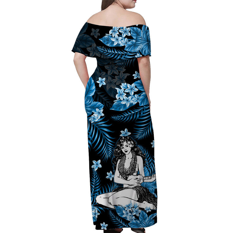 Hawaii Summer Colorful Off Shoulder Long Dress Hula Girl Light Blue