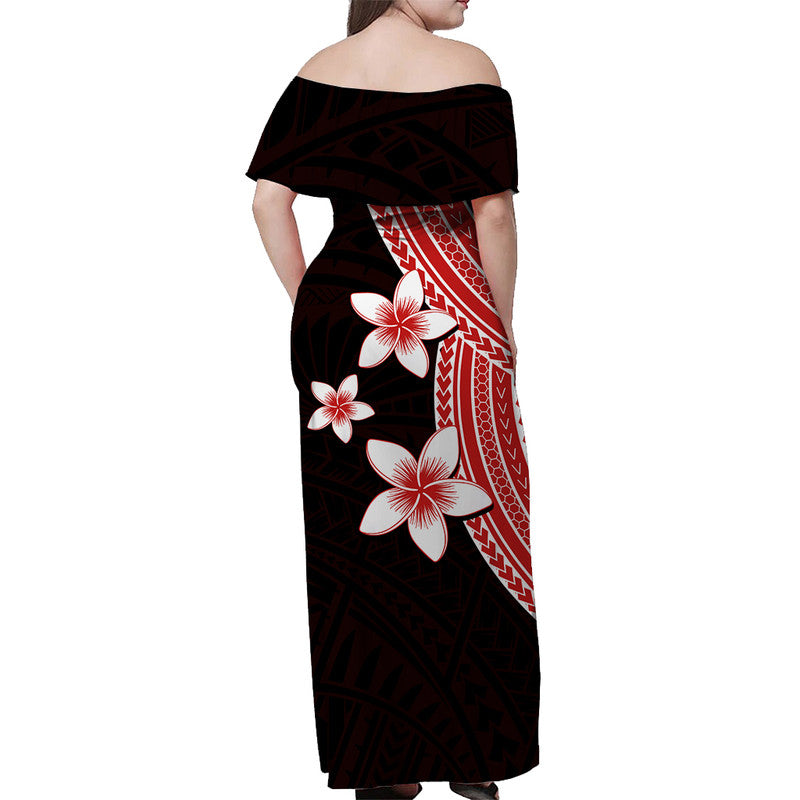 Polynesian Off Shoulder Long Dress With Plumeria Flower Red