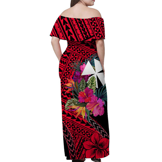 Wallis and Futuna Off Shoulder Long Dress Hibiscus Red No.1 Color