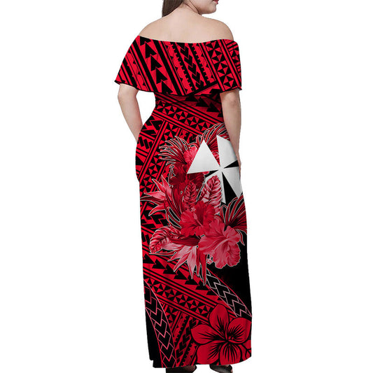 Wallis and Futuna Off Shoulder Long Dress Hibiscus Red No.2 Color