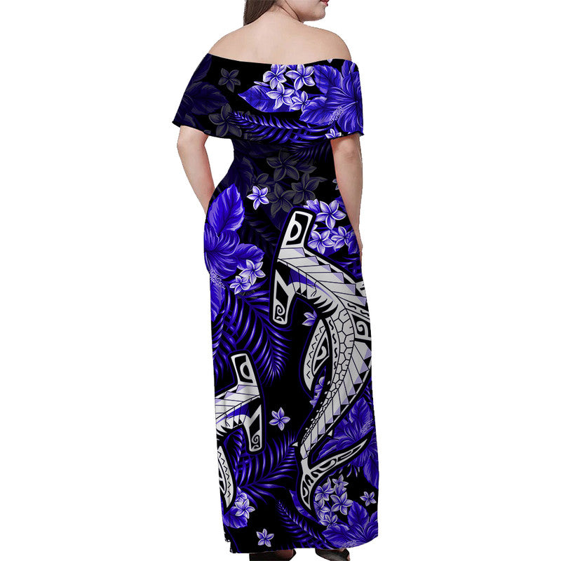Hawaii Summer Colorful Off Shoulder Long Dress Shark Dark Blue