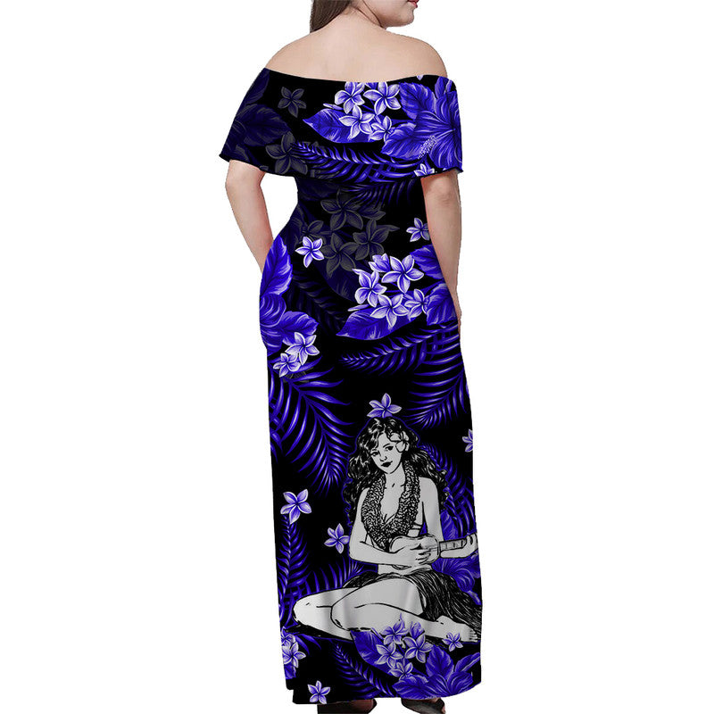 Hawaii Summer Colorful Off Shoulder Long Dress Hula Girl Dark Blue
