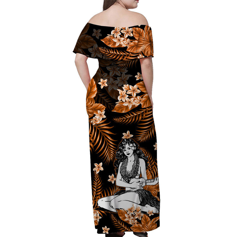 Hawaii Summer Colorful Off Shoulder Long Dress Hula Girl Orange