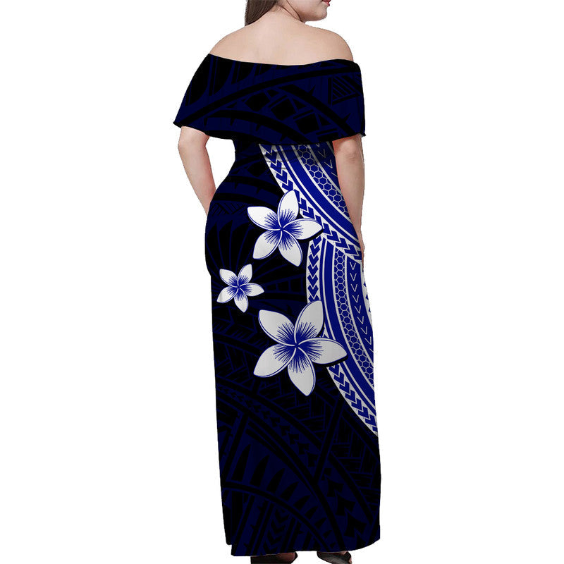 Polynesian Off Shoulder Long Dress With Plumeria Flower Blue
