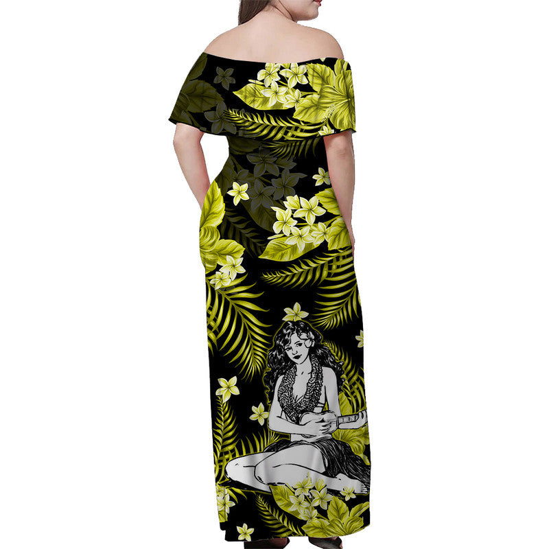 Hawaii Summer Colorful Off Shoulder Long Dress Hula Girl Yellow