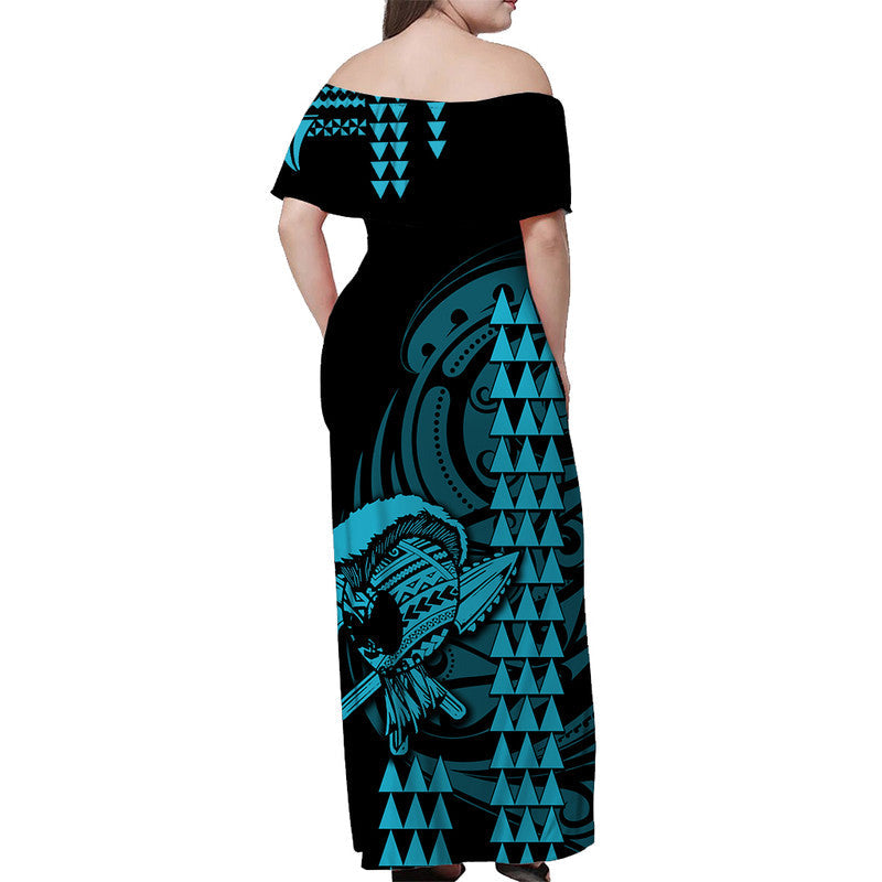Hawaii Polynesian Warrior Kakau Off Shoulder Long Dress Blue