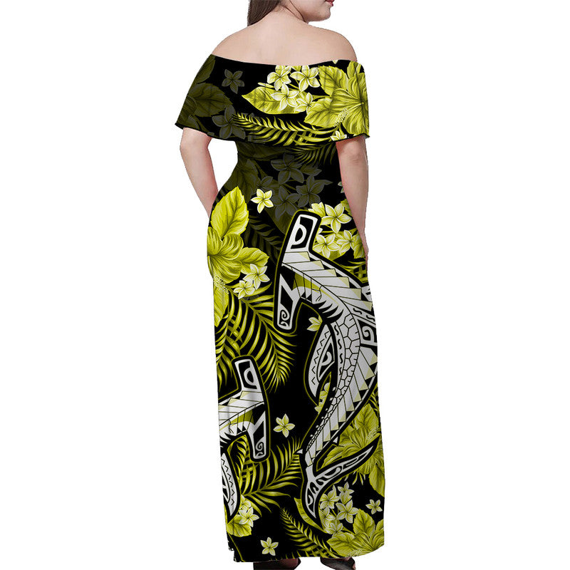 Hawaii Summer Colorful Off Shoulder Long Dress Shark Yellow