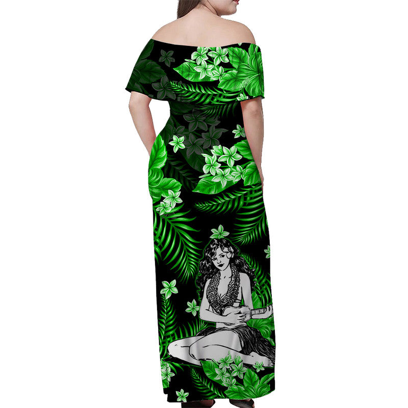 Hawaii Summer Colorful Off Shoulder Long Dress Hula Girl Green