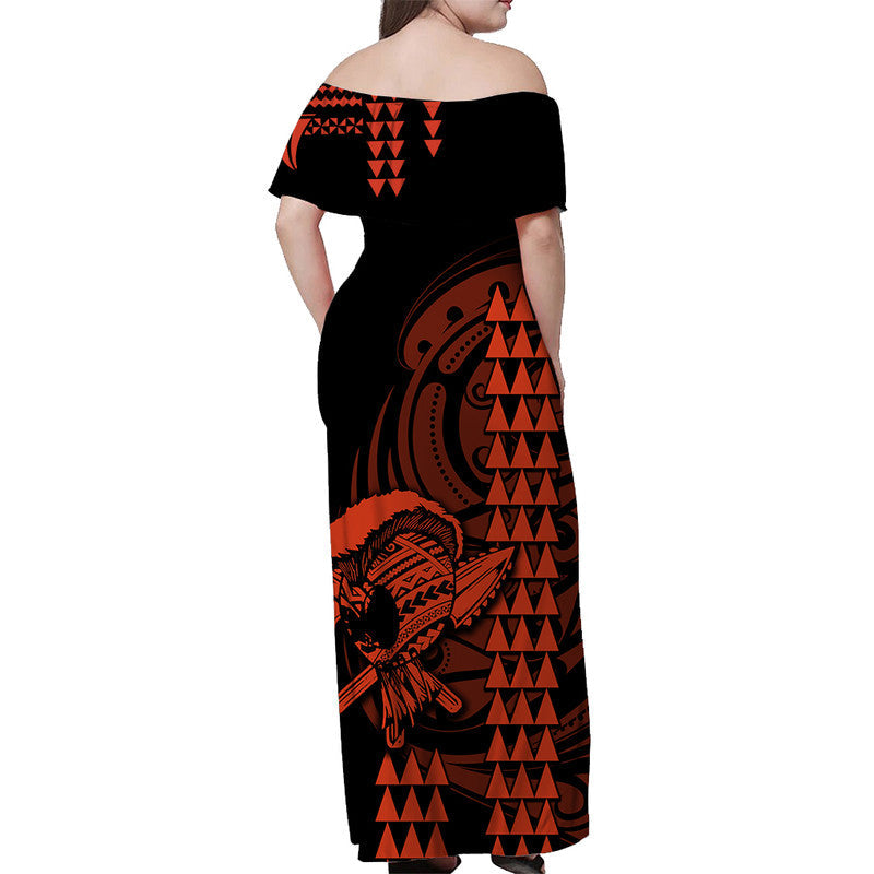 Hawaii Polynesian Warrior Kakau Off Shoulder Long Dress Orange