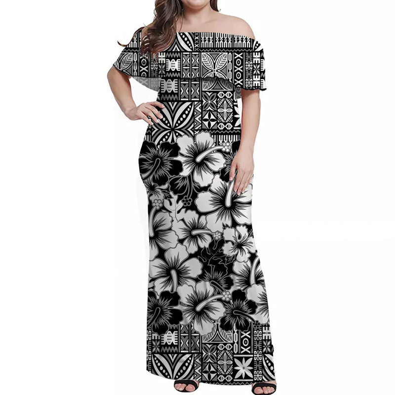 Fiji Hibiscus Festival Off Shoulder Long Dress Black