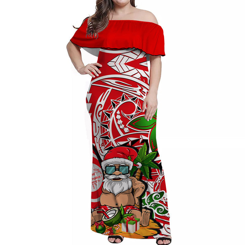 Hawaii Mele Kalikimaka Santa Claus Beach Off Shoulder Long Dress