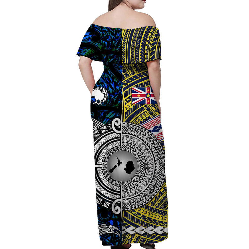 New Zealand And Niue Off Shoulder Long Dress Together Blue