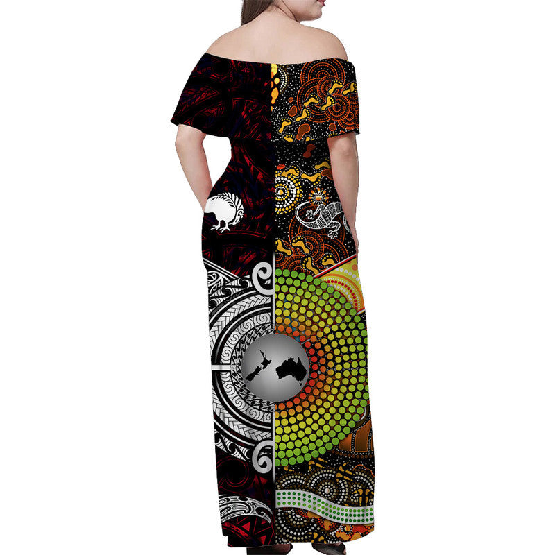 New Zealand Maori Aotearoa And Australia Aboriginal Off Shoulder Long Dress Together Red