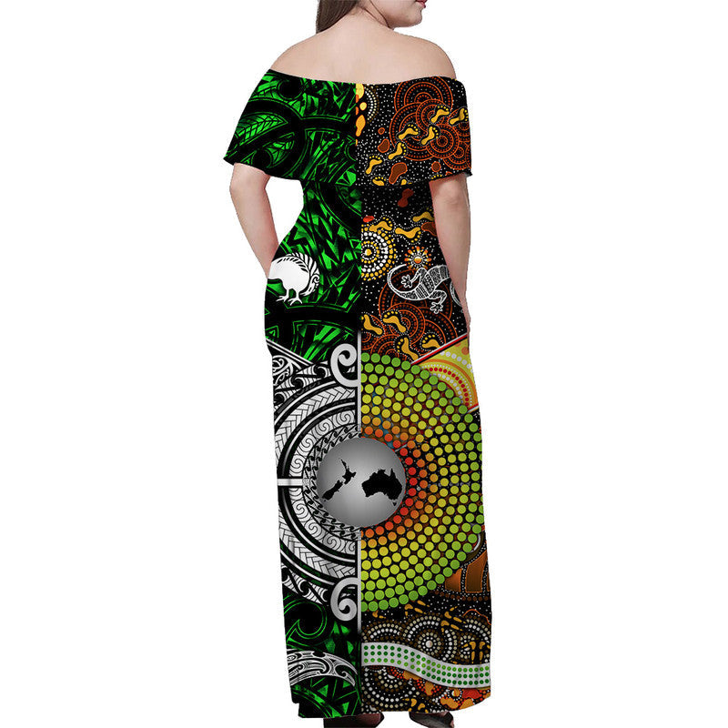 New Zealand Maori Aotearoa And Australia Aboriginal Off Shoulder Long Dress Together Green
