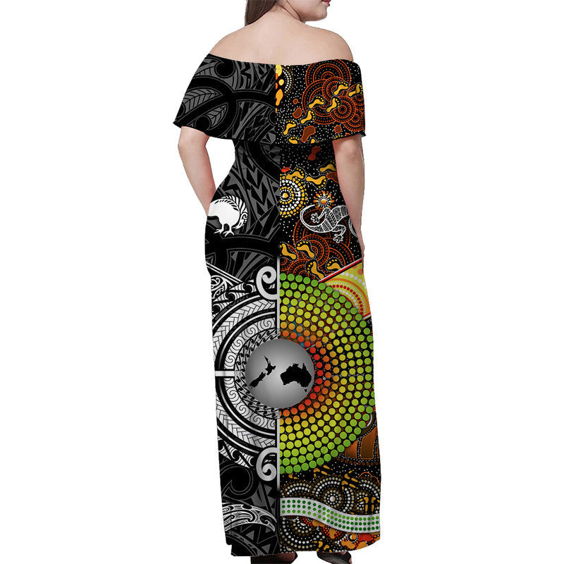 New Zealand Maori Aotearoa And Australia Aboriginal Off Shoulder Long Dress Together Black