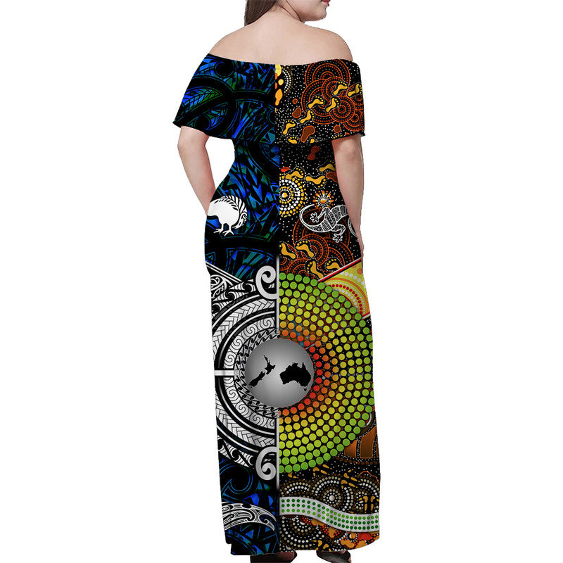 New Zealand Maori Aotearoa And Australia Aboriginal Off Shoulder Long Dress Together Blue