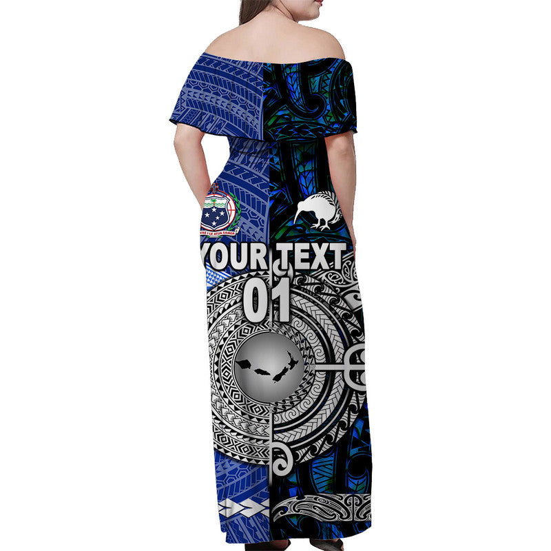 Custom Personalised Samoa And New Zealand Off Shoulder Long Dress Together Blue