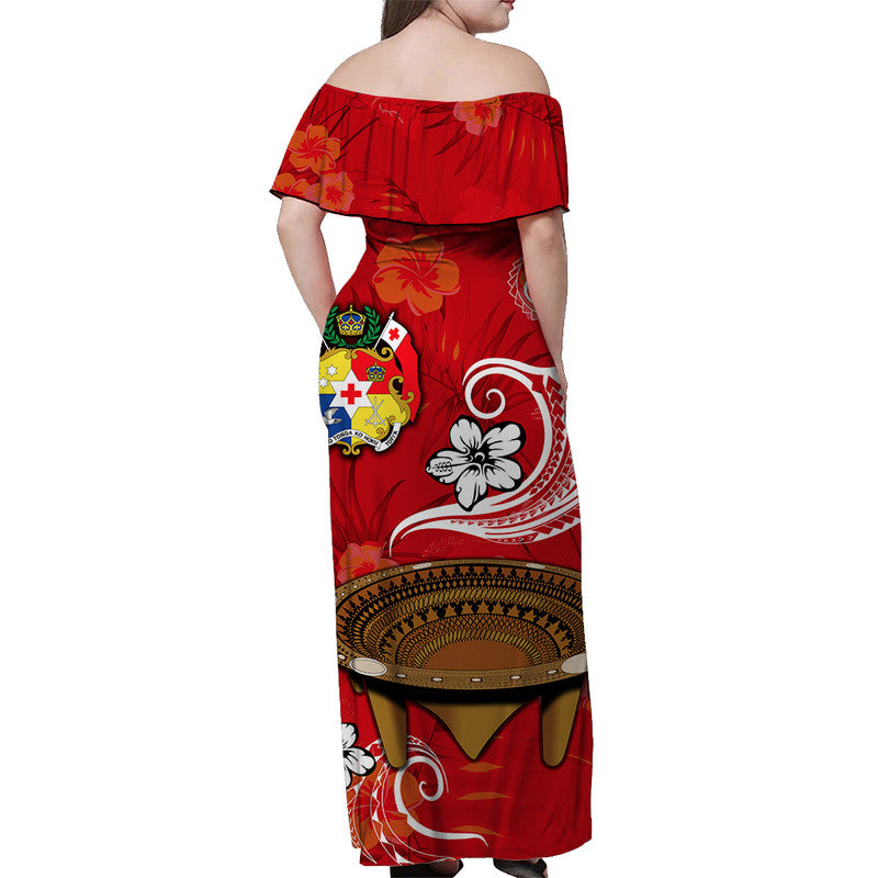 Custom Personalised Tonga Kumete Kava Bowl Off Shoulder Long Dress Sila Vibes Red