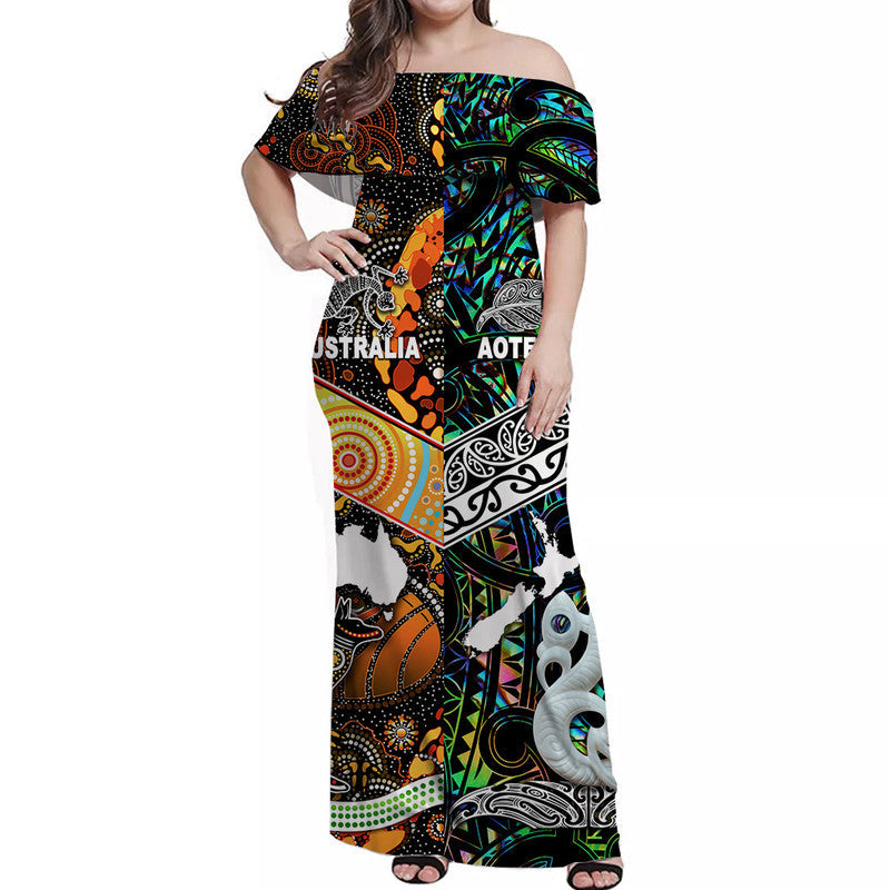 New Zealand Maori Aotearoa And Australia Aboriginal Off Shoulder Long Dress Together Paua Shell