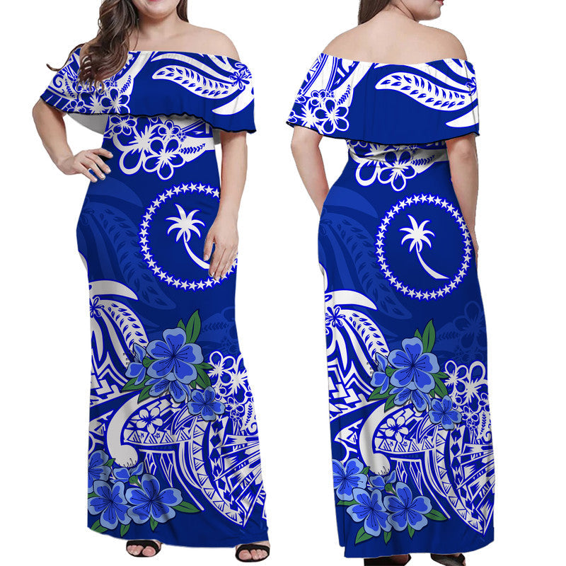 FSM Chuuk State Off Shoulder Long Dress Polynesian Floral Tribal