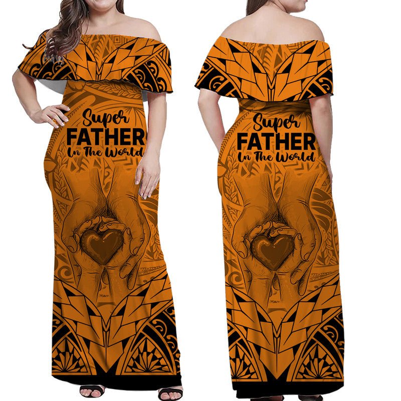 Matching Couple Outfit Polynesian Father's Day Gift For Dad Combo Off Long Dress and Hawaiian Shirt Super Father In The World Gold Polynesian