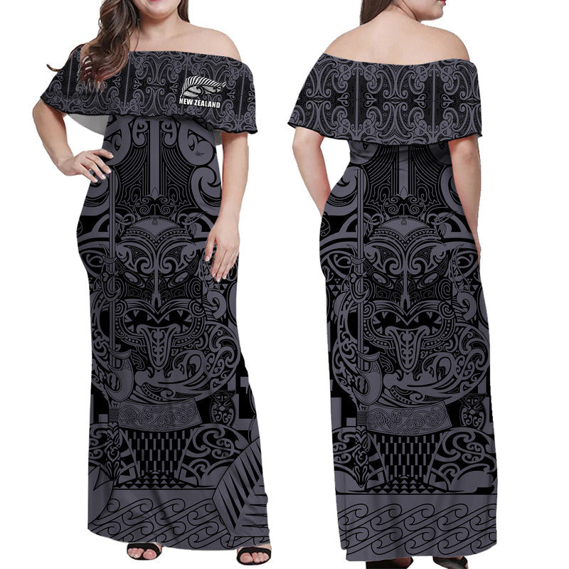 New Zealand Taiaha Maori Women Off Shoulder Long Dress Minimalist Silver Fern All Black