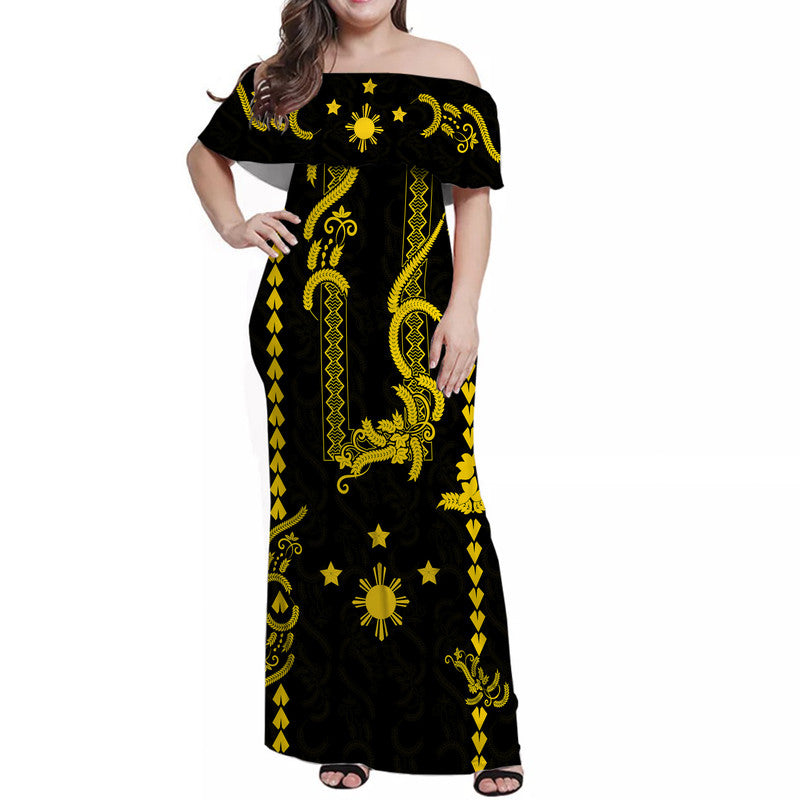 Philippines Women Off Shoulder Long Dress Pechera With Side Barong Patterns