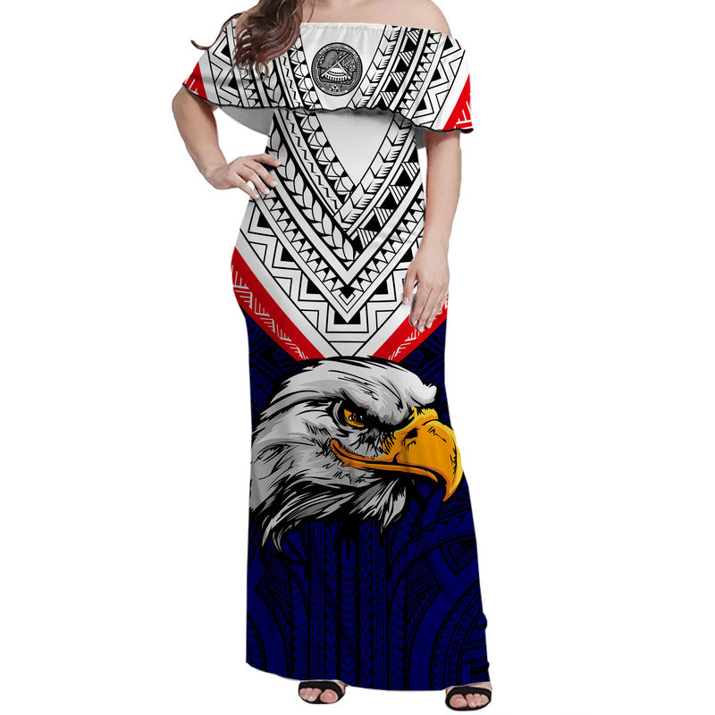 American Samoa Women Off Shoulder Long Dress Bald Eagle with Polynesian Pattern