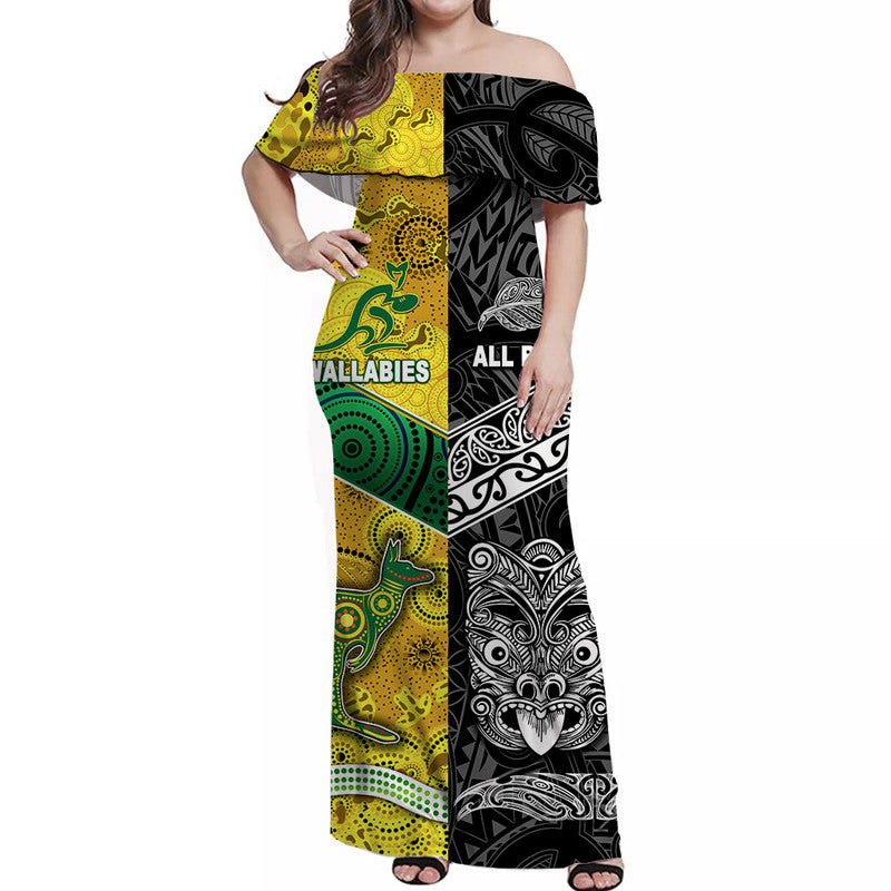 New Zealand Maori All Black And Australia Wallabies Aboriginal Off Shoulder Long Dress Rugby Together