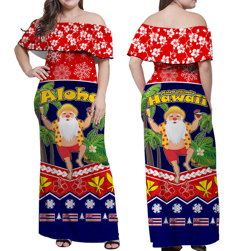 Hawaii Santa Kalikimaka Palm And Hibiscus Christmas Vibe Women Off Shoulder Long Dress