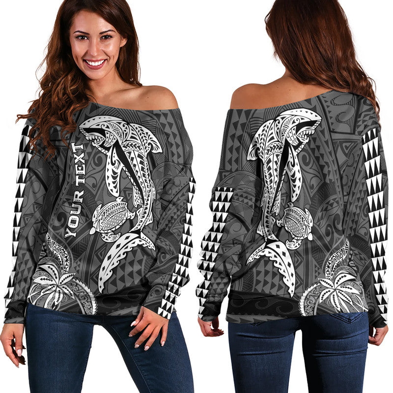 (Custom Personalised) Hawaii Women Off Shoulder Sweater Shark and Turtle Mix Kakau