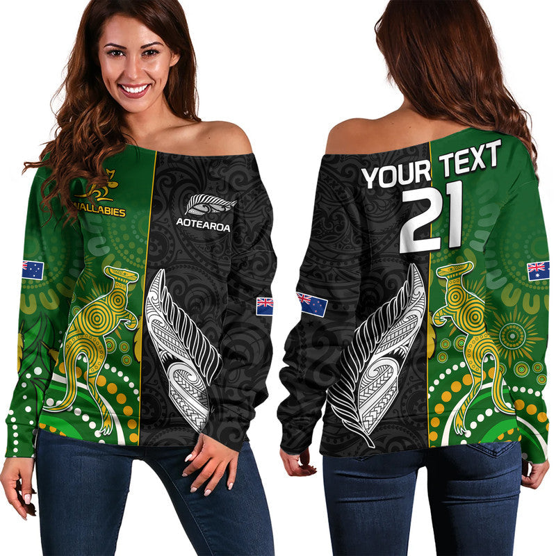 (Custom Personalised) Aotearoa Rugby All Black Combine Australia Wallabies Women Off Shoulder Sweater Aboriginal Kangaroo And Maori Fern