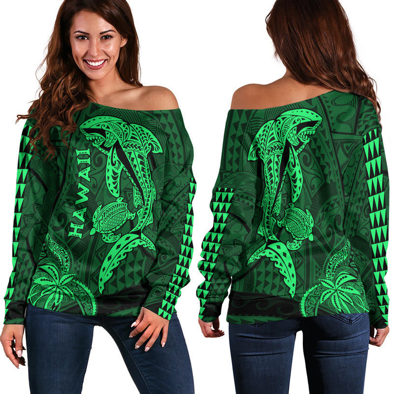 Hawaii Women Off Shoulder Sweater Shark and Turtle Mix Kakau Green