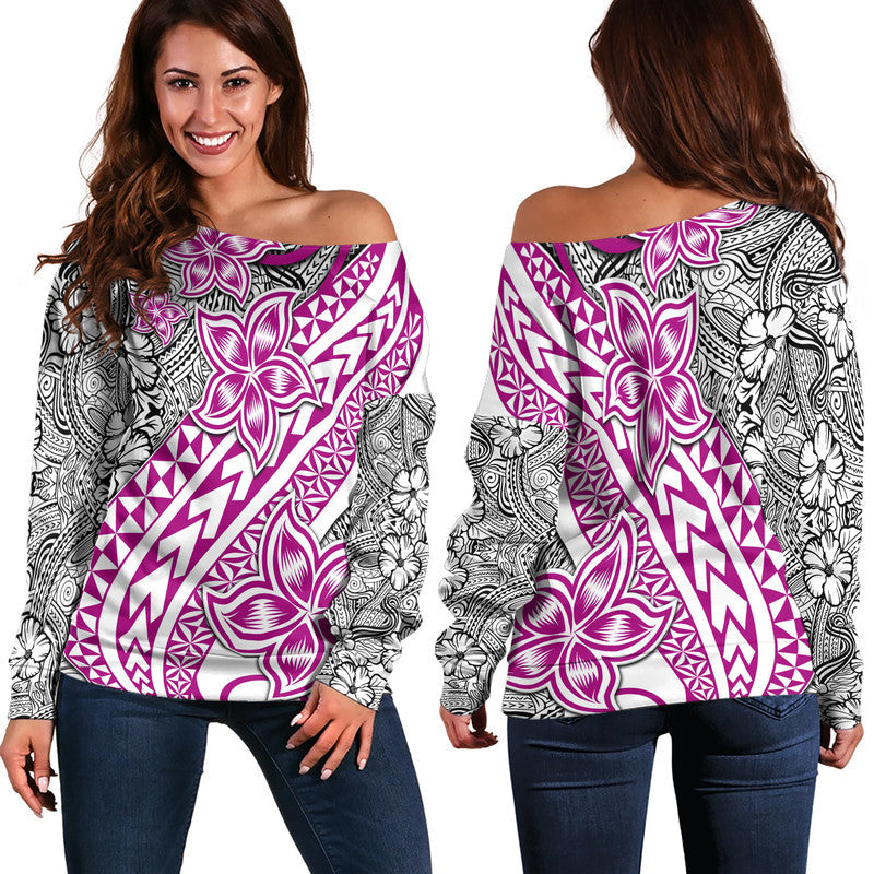 Traditional Polynesian Tribal Tattoo Retro Women Off Shoulder Sweater Pink