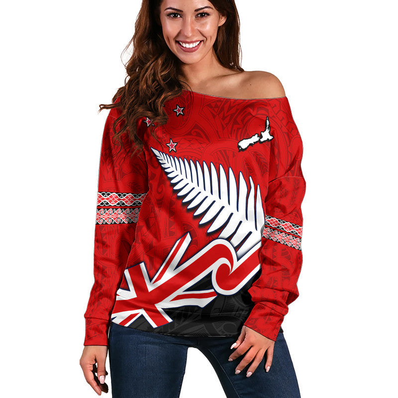 (Custom Personalised) Waitangi Women Off Shoulder Sweater Aotearoa Tino Rangatiratanga Flag with Silver Fern