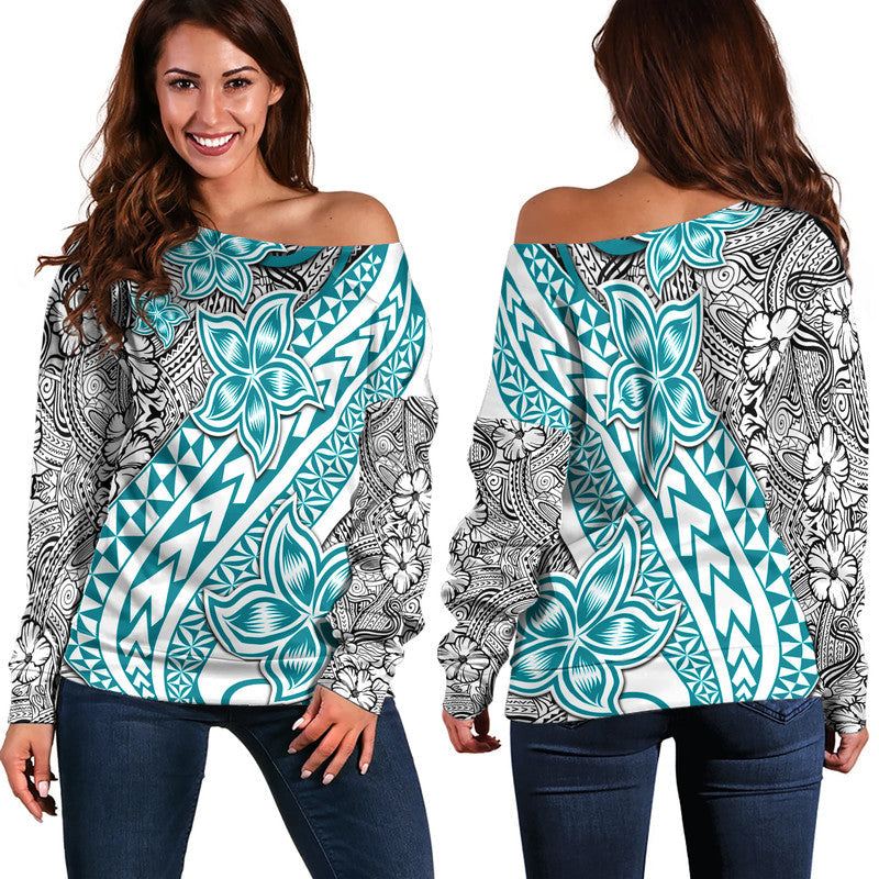 Traditional Polynesian Tribal Tattoo Retro Women Off Shoulder Sweater Turquoise