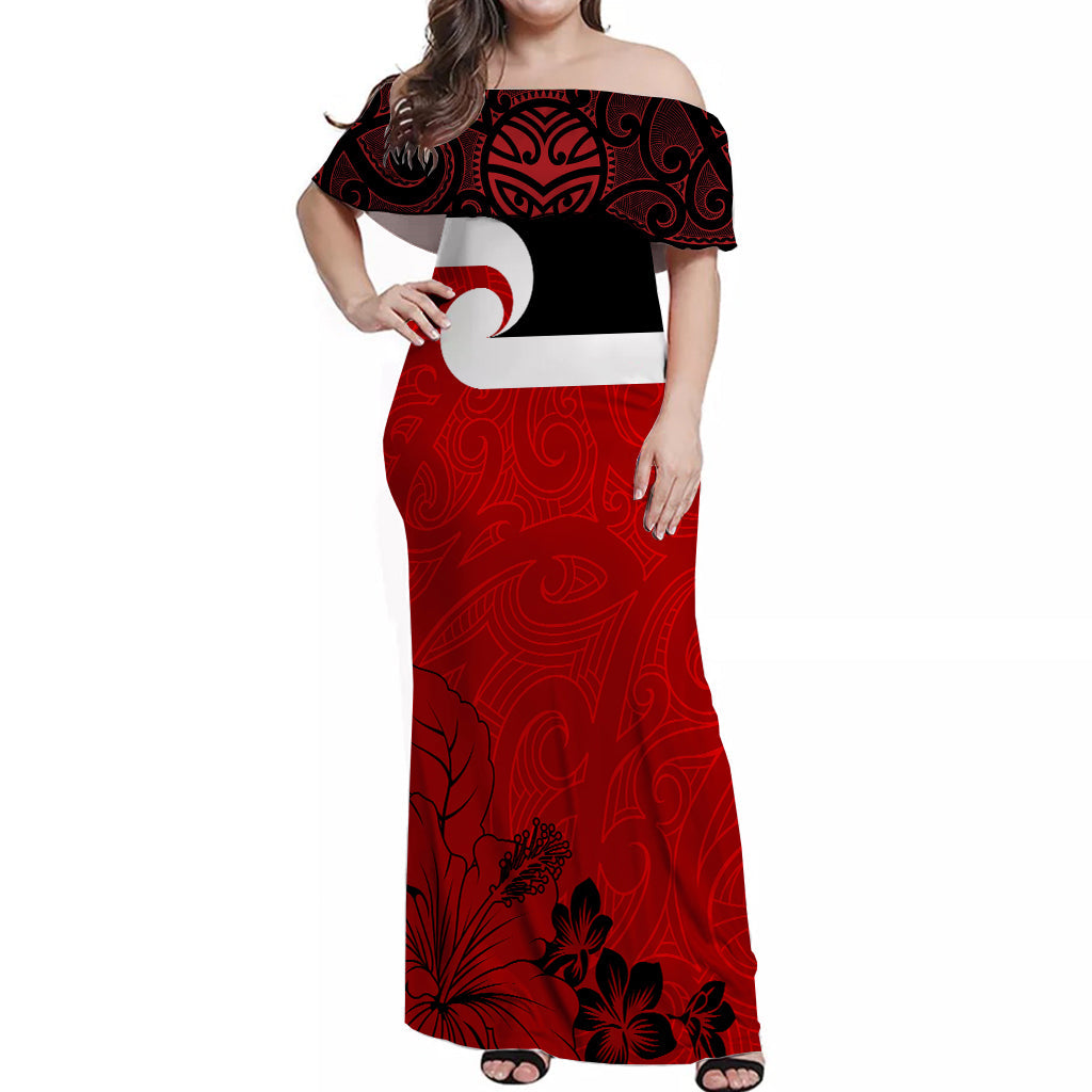 Maori Floral Pattern Off Shoulder Long Dress Tino Rangatiratanga Flag
