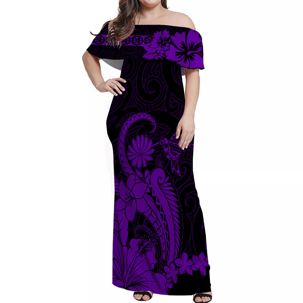 Maori Floral Pattern Off Shoulder Long Dress Hummingbird Purple