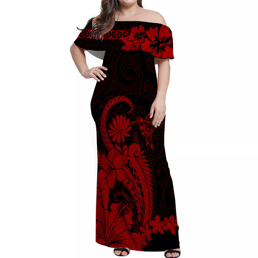 Maori Floral Pattern Off Shoulder Long Dress Hummingbird Red