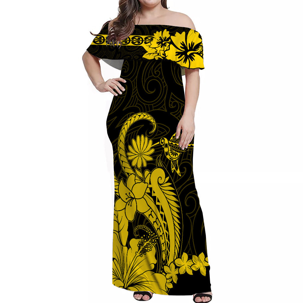 Maori Floral Pattern Off Shoulder Long Dress Hummingbird Gold